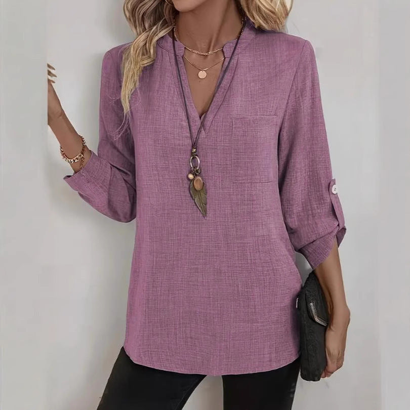 Margaret | Elegant Cotton/Linen V-Neck Blouse